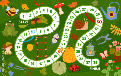 Board game with gnome items, autumn leaves and garden tools. Kids vector step boardgame worksheet with watering can, mushrooms, snail and ladder. Moth, lantern, cutters, veggies, frog and butterfly