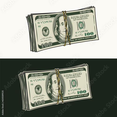 Standing upright wad of 100 dollar bills banded with a rubber band. Banknotes with front obverse side. Cash money. Vintage style. Detailed isolated vector illustration on dark, white background