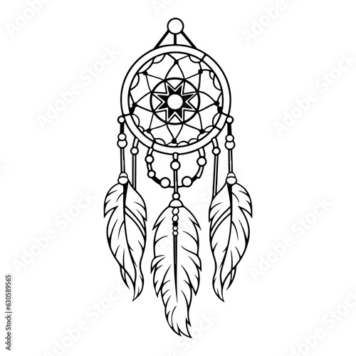 boho dreamcatcher, symbolism mascot made of weave and feathers, simple wicker mandala.
