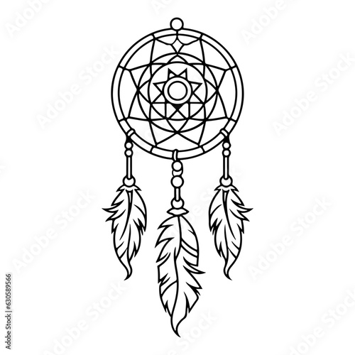 boho dreamcatcher, symbolism mascot made of weave and feathers, simple wicker mandala.