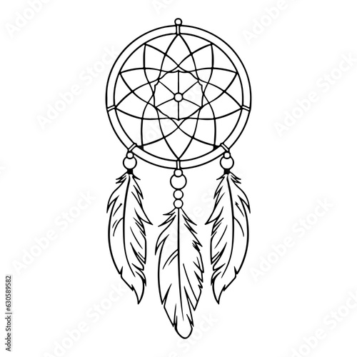 boho dreamcatcher, symbolism mascot made of weave and feathers, simple wicker mandala.