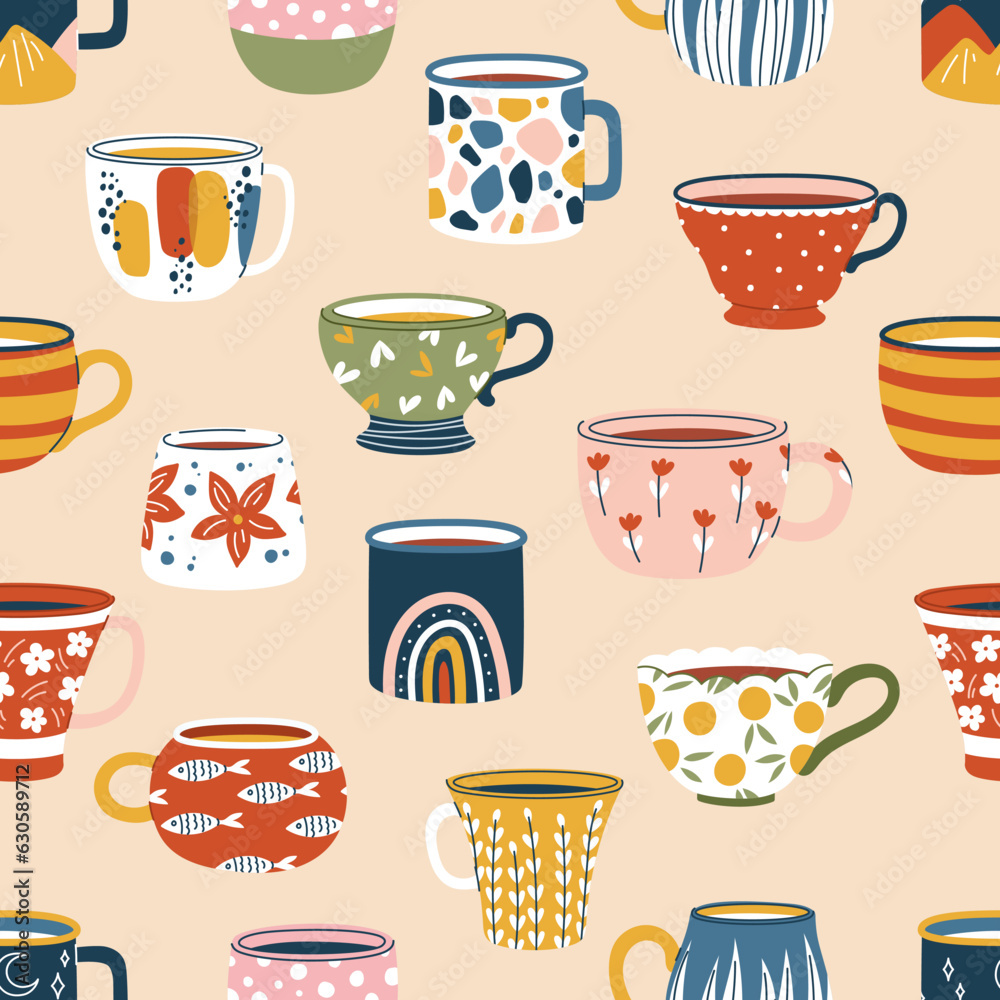 Ceramic coffee cups and tea mugs, kitchen crockery seamless pattern. Vector background of vintage scandinavian pottery with cozy ornaments, hearts, dots, stripes and flowers. Cafe kitchenware backdrop Ceramic coffee cups and tea mugs, kitchen crockery seamless pattern. Vector background of vintage scandinavian pottery with cozy ornaments, hearts, dots, stripes and flowers. Cafe kitchenware backdrop