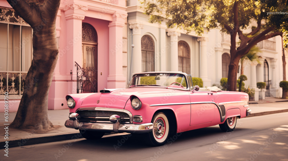 Pink vintage car parked on street