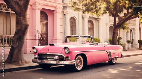 Pink vintage car parked on street © Little