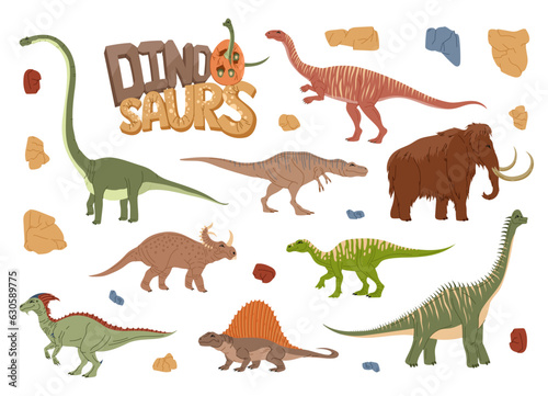 Cartoon dinosaur characters with vector dino egg and baby brachiosaurus. Vector prehistoric animal personages set with cute mammoth, parasaur, iguanodon and dimetrodon, centrosaurus, plateosaurus photo