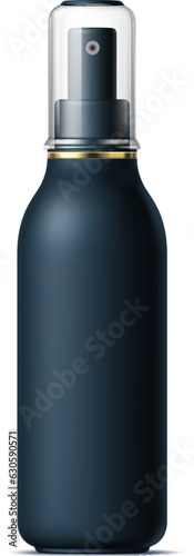 Realistic black cosmetics bottle, tube and plastic container. Isolated flask 3d vector mockup with a convenient sprayer dispenser. Blank elegant moiusturizer, micellar water, aerosol package with cap