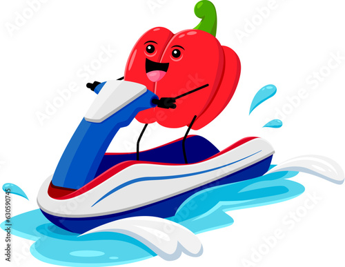 Cartoon cheerful bell pepper vegetable character riding a water bike , enjoying a summer vacation adventure. Isolated vector veg personage enjoying sun, waves, and laughter create a delightful scene