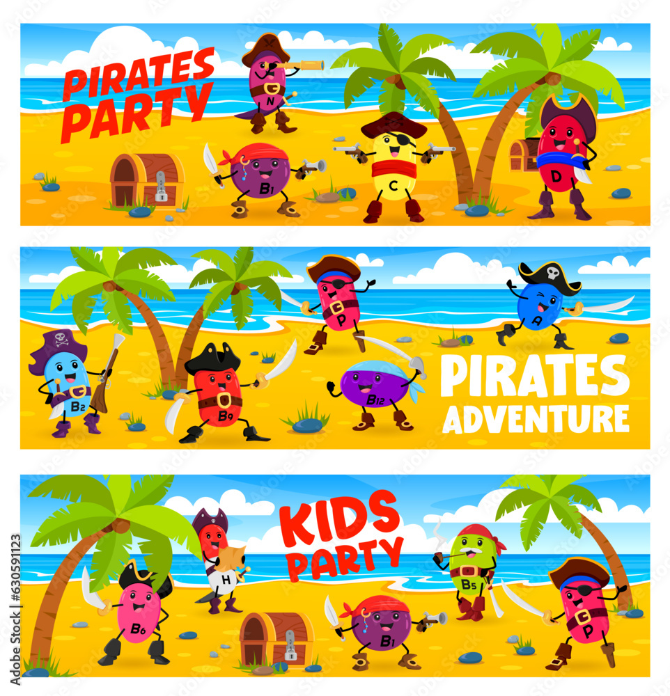 Cartoon vitamin pirates and corsairs on treasure island. Kids costumed party or children holiday