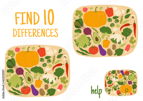 Find ten differences between raw harvest vegetables kids vector game with broccoli, green pea, pumpkin and eggplant. Romanesco cabbage, cauliflower, tomato or spinach with chili pepper, garlic or beet