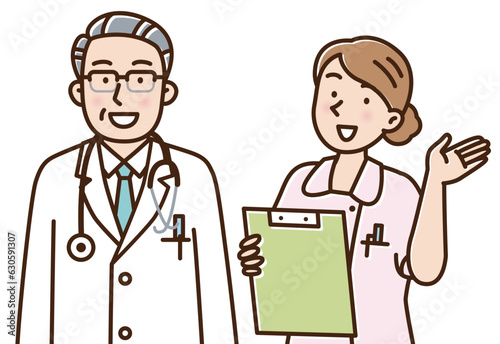 メガネを掛けたシニアの医者とカルテを持って手を挙げる若い女性看護師