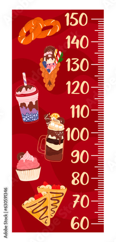 Kids height measure chart with fast food and desserts. Vector growth meter with bagels, Hong Kong bubble waffle, crepe, milk shake, cocktail and cupcake. Wall sticker for children height measurement