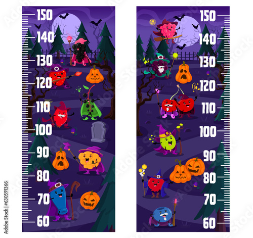 Kids height chart measure ruler. Cartoon Halloween berry wizards at night cemetery. Vector growth meter with strawberry, raspberry, blueberry, blackberry, cloudberry or cranberry with cherry witches