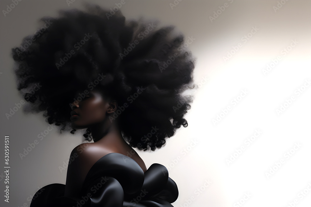 Fashion editorial Concept. Stunning beautiful woman in big afro hair in black petal dress . illuminated with dynamic composition dramatic lighting. sensual, advertisement, magazine. copy text space

