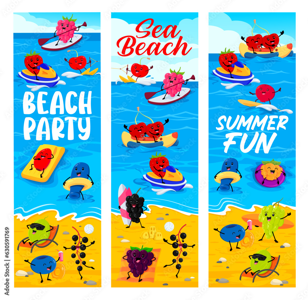 Cartoon cheerful berry characters on summer beach. Summer vacation travel vector banners with raspberry, strawberry, cherry and rosehip, honeyberry, gooseberry cute personages swimming and surfing