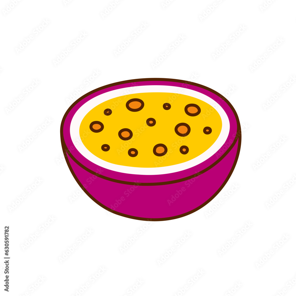 Fototapeta premium Hand-drawn passion fruit on a transparent background. Isolated vector illustration of half passion fruit