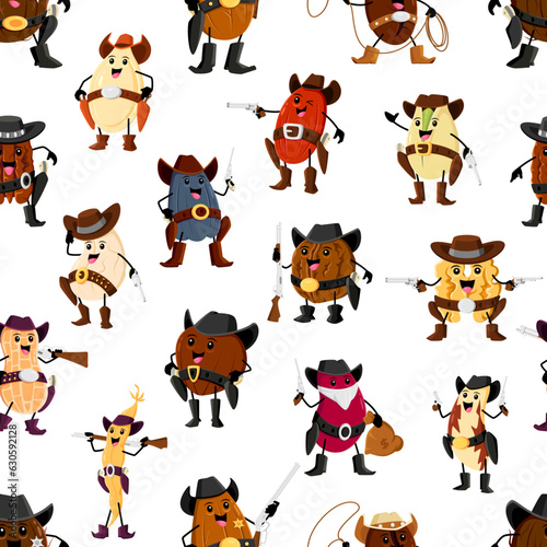 Cartoon nut, bean and legume cowboy, ranger, bandit and ranger characters seamless pattern. Vector background with peanut, soy pod, pumpkin or sunflower seed, brazil or pistachio western personages