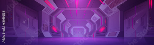 Futuristic corridor with closed gates and red alarm lights on walls and ceiling. Vector cartoon illustration of fantasy spacecraft interior, fantastic prison or hotel, bunker hallway, sci fi lab