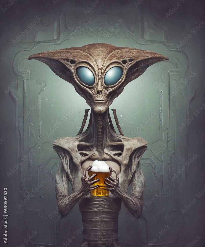 Alien, ufo, kosmita trzymający w ręku piwo, inwazja kosmitów na ziemię - obrazy, fototapety, plakaty 