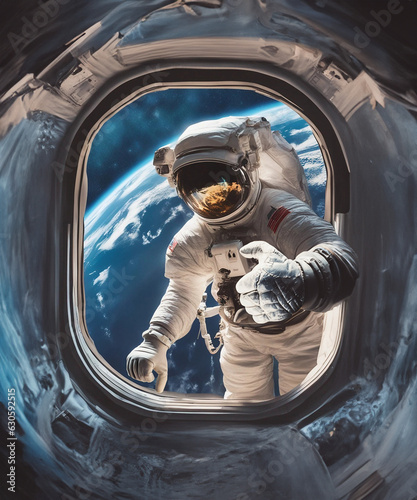 Kosmonauta, astronauta w statku kosmicznym w kosmosie na tle ziemi pokazujący kciuk do góry © Jack Coke