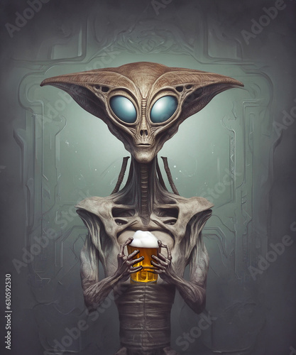 Alien, ufo, kosmita trzymający w ręku piwo, inwazja kosmitów na ziemię