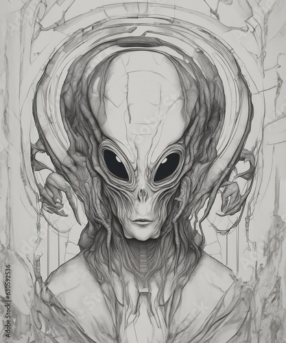 UFO, Zagadkowy Kosmita - Abstrakcyjny Portret Głowy Obcego w Kosmicznej Dalekiej Galaktyce z Hipnotyzującymi Oczami , głowa aliena