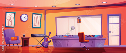 Sound recording studio with synthesizer, guitar and professional sound control equipment. Vector cartoon illustration of room with microphone behind glass, music mixer with buttons and wires, armchair
