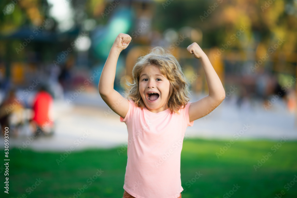 Excited face, amazed emotions of cute little kid boy. Portrait of kid outdoors. Close-up face child playing outdoors in summer park. Excited face, amazed emotions of cute little kid boy. Portrait of kid outdoors. Close-up face child playing outdoors in summer park.
