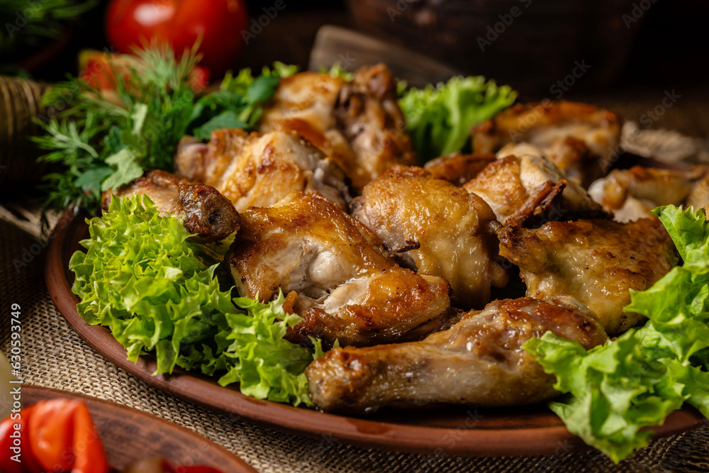 Fototapeta premium Georgian cuisine. Fried chicken legs and wings with Georgian spices and greens on a plate. Restaurant food.