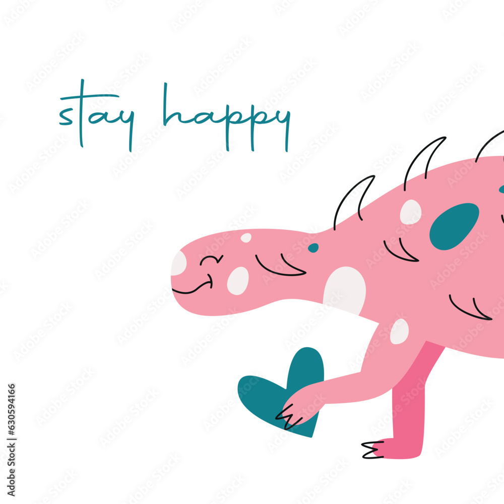 Vector hand drawn flat postcard with dinosaur and heart. Stay happy Vector hand drawn flat postcard with dinosaur and heart. Stay happy