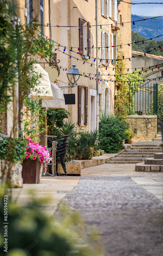 Traditional old stone houses on a street seen through the flowers in the medieval town of Saint Paul de Vence, French Riviera, South of France