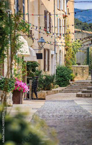Traditional old stone houses on a street seen through the flowers in the medieval town of Saint Paul de Vence  French Riviera  South of France