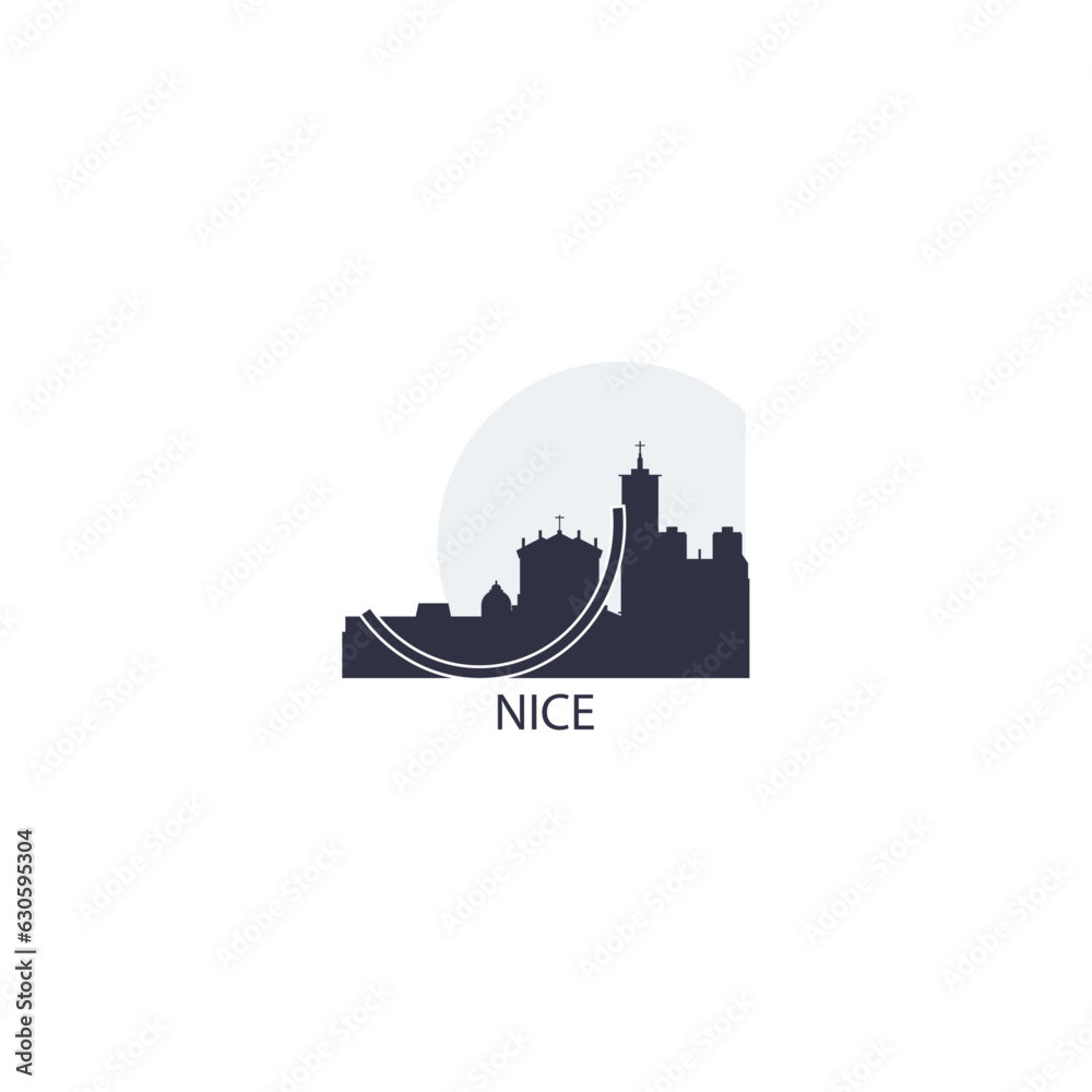 France Nice city cityscape skyline capital panorama vector flat modern logo icon. French Riviera town emblem idea with landmarks and building silhouettes at sunrise sunset