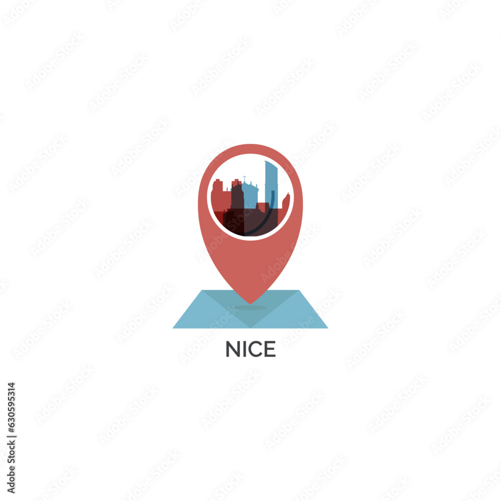 France, Nice city map pin point geolocation, skyline shape vector logo, icon, isolated illustration. French Rivera emblem concept with landmarks and buildings France, Nice city map pin point geolocation, skyline shape vector logo, icon, isolated illustration. French Rivera emblem concept with landmarks and buildings