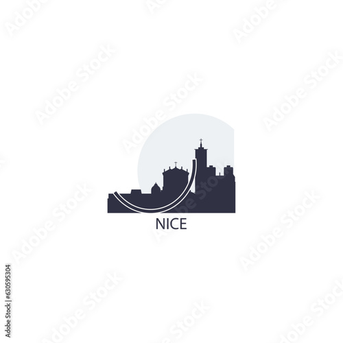France Nice cityscape, skyline, city panorama vector flat logo, icon. French Riviera townscape emblem concept with landmarks and buildings at sunrise, sunset