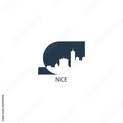 France, Nice cityscape, skyline, city panorama vector flat logo, icon. French Riviera townscape emblem concept with landmarks and buildings