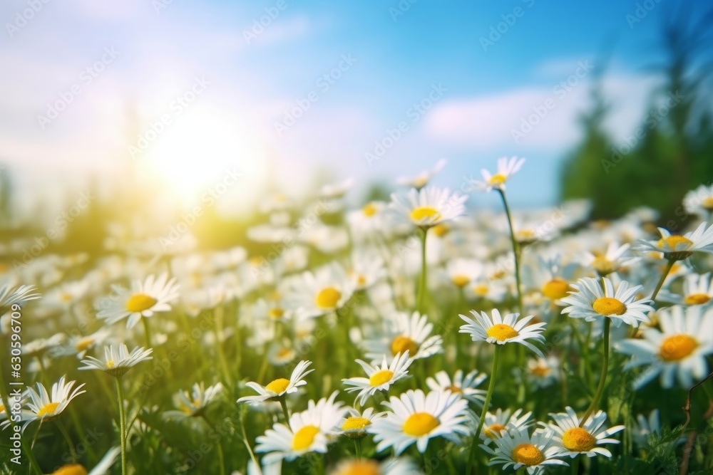 Beautiful blurred spring floral background nature with blooming glade of daisies and blue sky on sunny day, Generative AI