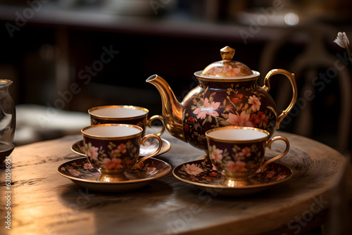 A tea set with a teapot and cups