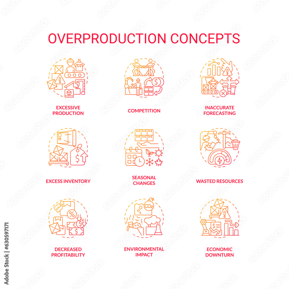 2D gradient icons set representing overproduction concepts, isolated vector, thin line illustration.