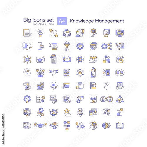 2D editable big line icons set representing knowledge management, isolated vector, multicolor linear illustration.