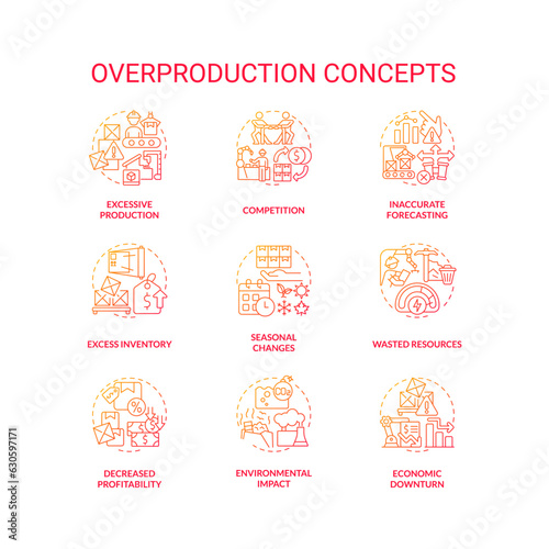 2D gradient icons set representing overproduction concepts  isolated vector  thin line illustration.