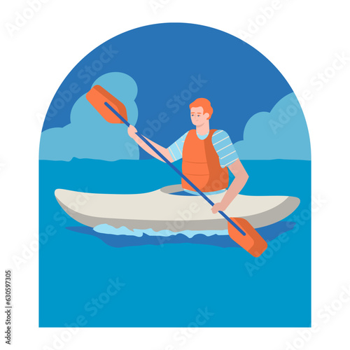 Male swims in kayak on river. Swimming and tourism. Preparation for competitions on water. Swimming sports concept. Flat vector illustration in cartoon style in blue and orange colors