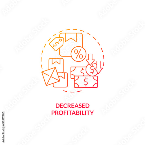 2D gradient decreased profitability thin line icon concept, isolated vector, illustration representing overproduction.