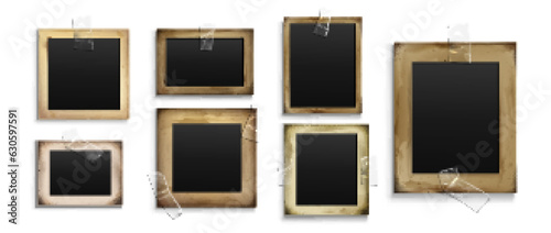 Old vintage photo frame collage with tape vector. Retro photograph picture for nostalgia family scrapbook album design. foto portrait and transparent sticker isolated realistic illustration set