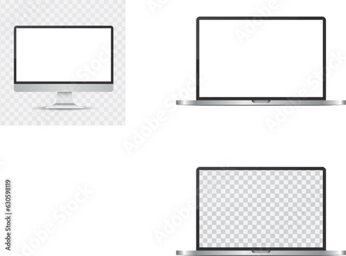 Realistic grey PC monitor mockup. Modern office device. 3D vector object with dropped shadow