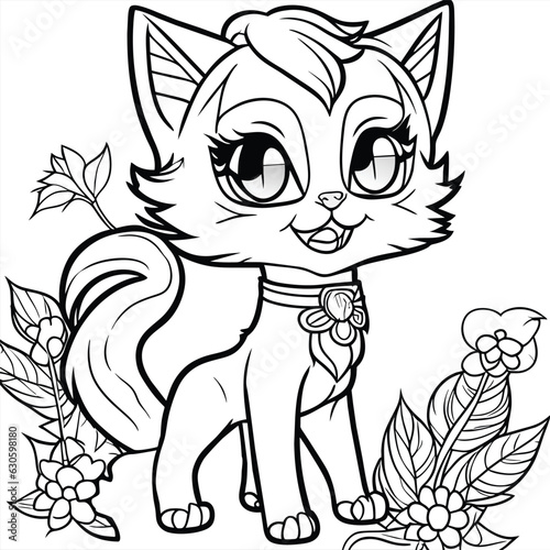 Coloring book page outline of cartoon smiling cute little cat with flowers. Line art vector illustration, coloring book for kids.
