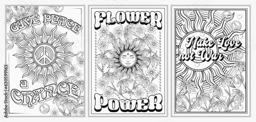 Set of groovy retro A4 posters with sun, sunbeams, chamomile flowers, peace sign, text. Peaceful antiwar concept. Bright summer vintage illustration.