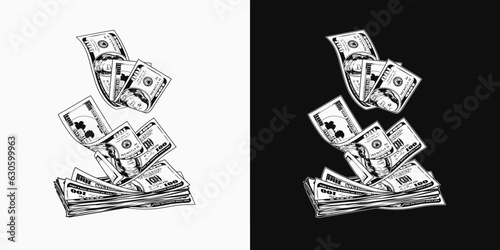 Falling, flying from above 100 dollar banknotes into stack dollar bills. Pile of cash money. Color isolated vector illustration in vintage style.