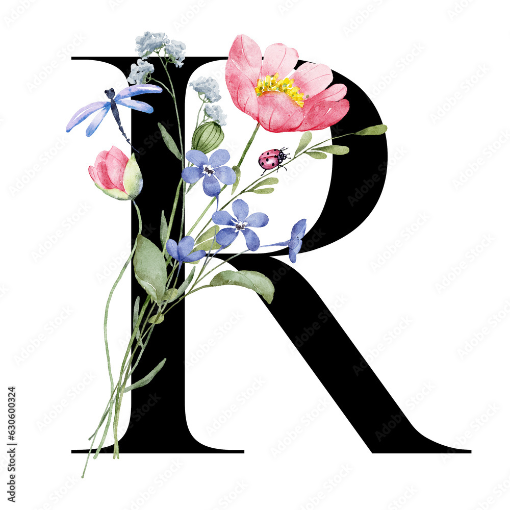 Floral alphabet, letter R with watercolor flowers and leaf. Monogram