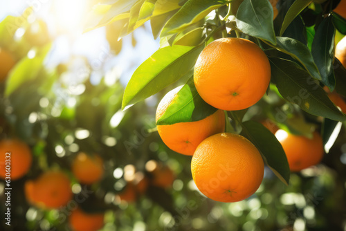 Fotografia Bunch of fresh ripe oranges hanging on a tree in orange garden