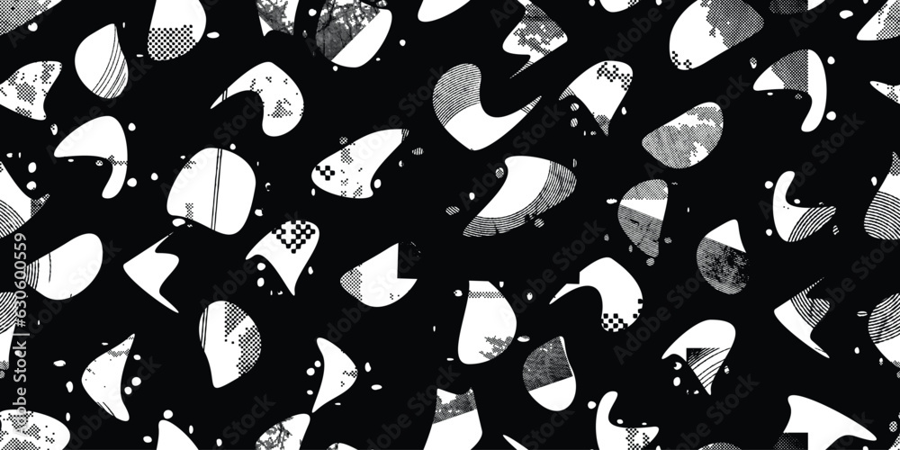 Obraz premium Glitch distorted grungy abstract forms . Blob shape organic seamless pattern texture. Fluid shapes .Grunge textured . Liquid vector shapes with halftone dots .Screen print endless pattern texture
